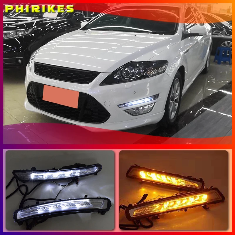 Автомобильные светодиодные дневные ходовые огни для FordMondeo Fusion 2011 2012 2013, дневные ходовые огни, светодиодные дневные Противотуманные фары желтого цвета, 1 пара