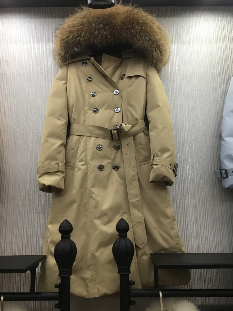 Большой натуральный меховой воротник с капюшоном, теплые пуховые пальто, женские оригинальные длинные пуховые пальто больших размеров, плотное теплое пальто F68