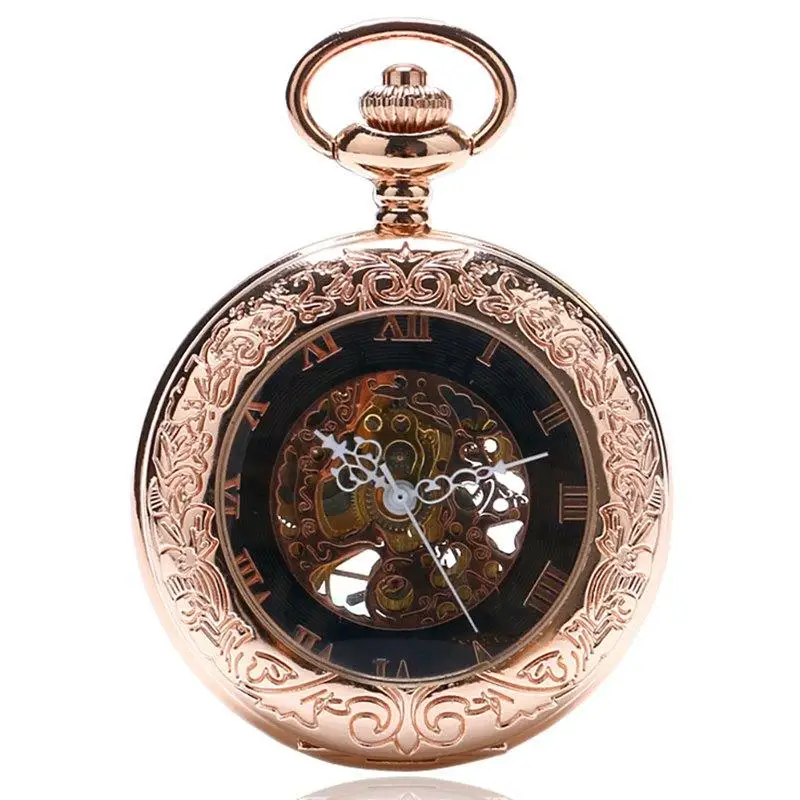Antique Rose Gold Transparent Glass Roman Numerals Mechanical Hand Wind Pocket Watch Pendant Chain Clock Gifts Men Women reloj