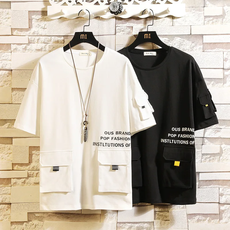 

#1019 White Black Yellow Summer Tops Hip Hop T Shirt Men Front Pockets Round Neck Streetwear Letters Printed T Shirts Mens Loose