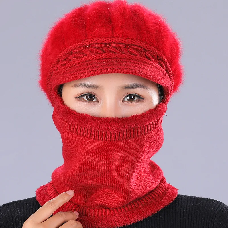 High Quality Women Plush Rabbit Fur Knit Hat Warm Winter Hat And Scarf Beret Beanie Hat Ski Casual Headwear - Color: Red