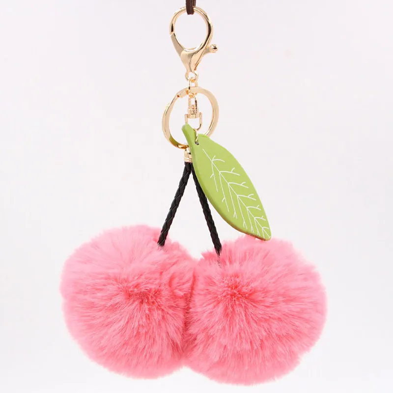 

Cute Cherry Artificial Rabbit Fur Ball Pompom Keychain Keyring Leaf Handbag Pendant Car Key Chain Ring Holder Friend gift