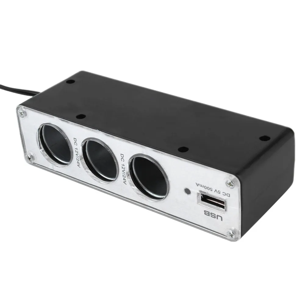 

High Quality 3 Way Car Cigarette Lighter Socket Splitter Charger Power Adapter DC+USB Port Plug 12V-24V drop Shipping Hot