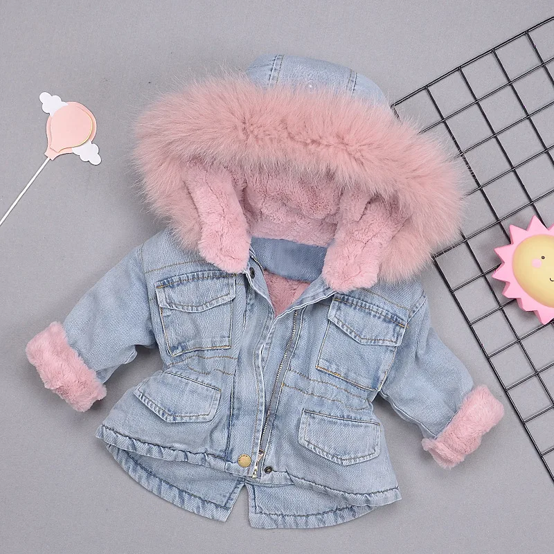 Girls Winter Coats New Children Denim Jacket Plus Velvet Real Fur Warm Toddler Girl Outerwear Coat Baby Winter Girl Parka