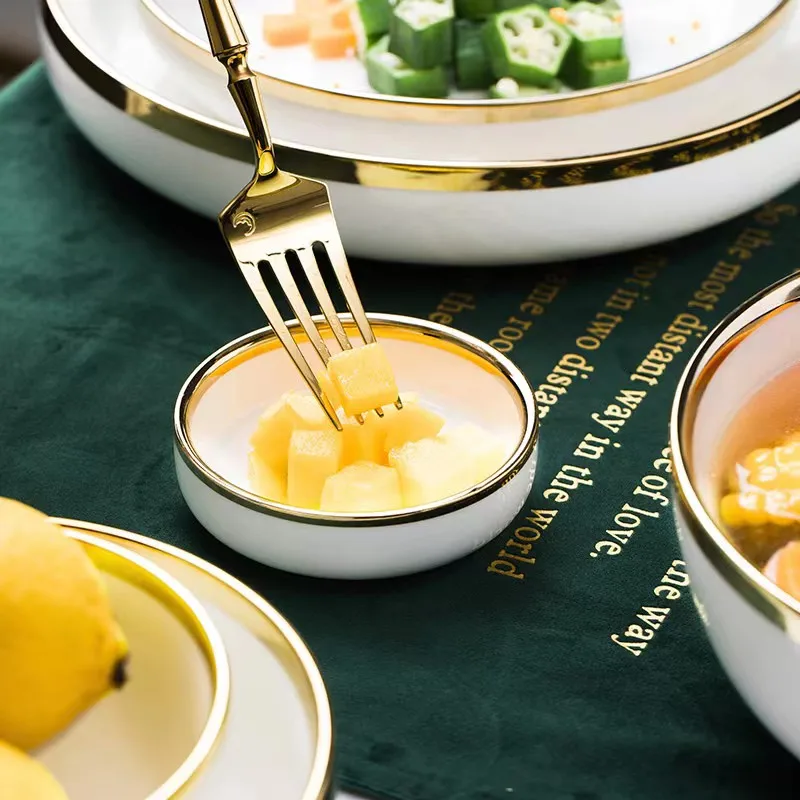 Bright Gold Rim White Porcelain Kitchen Dinner Plate Ceramic