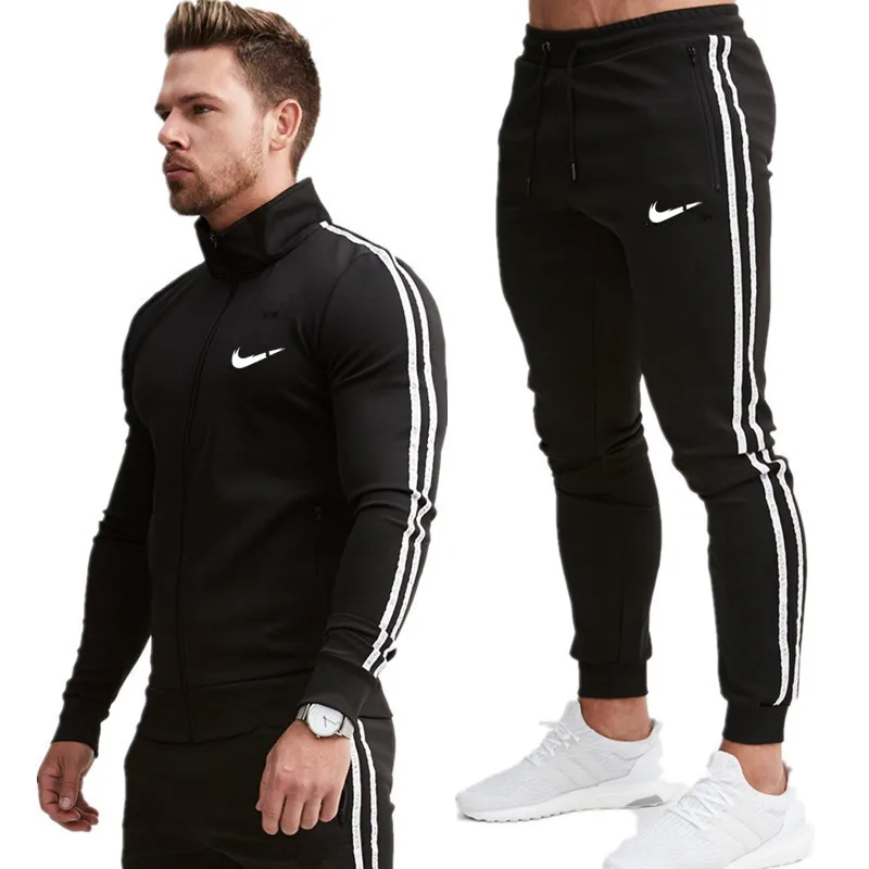 

2 Pieces Sets Fashion Tracksuit Men New Brand Autumn Winter Hooded Sweatshirt +Drawstring Pants Male Stripe Patchwork Hoodies