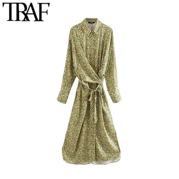 

TRAF Women Elegant Fashion Floral Print Midi Shirt Dress Vintage Tied Crossover Belt Side Vents Female Dresses Vestidos