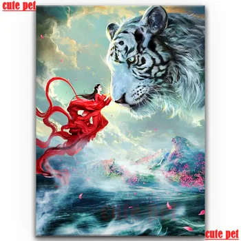 

5D round square Drill White Tiger and Women in Red embroidery Diy full sets diamond painting CrossStitch mosaic hinestones Decor