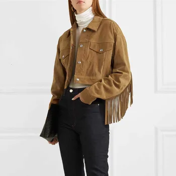 

Women Crop Top Tassel Suede Jacket 2019 High Street Turn Down Collar Single-Breasted Short Motorcycle Jacket Coat XX013