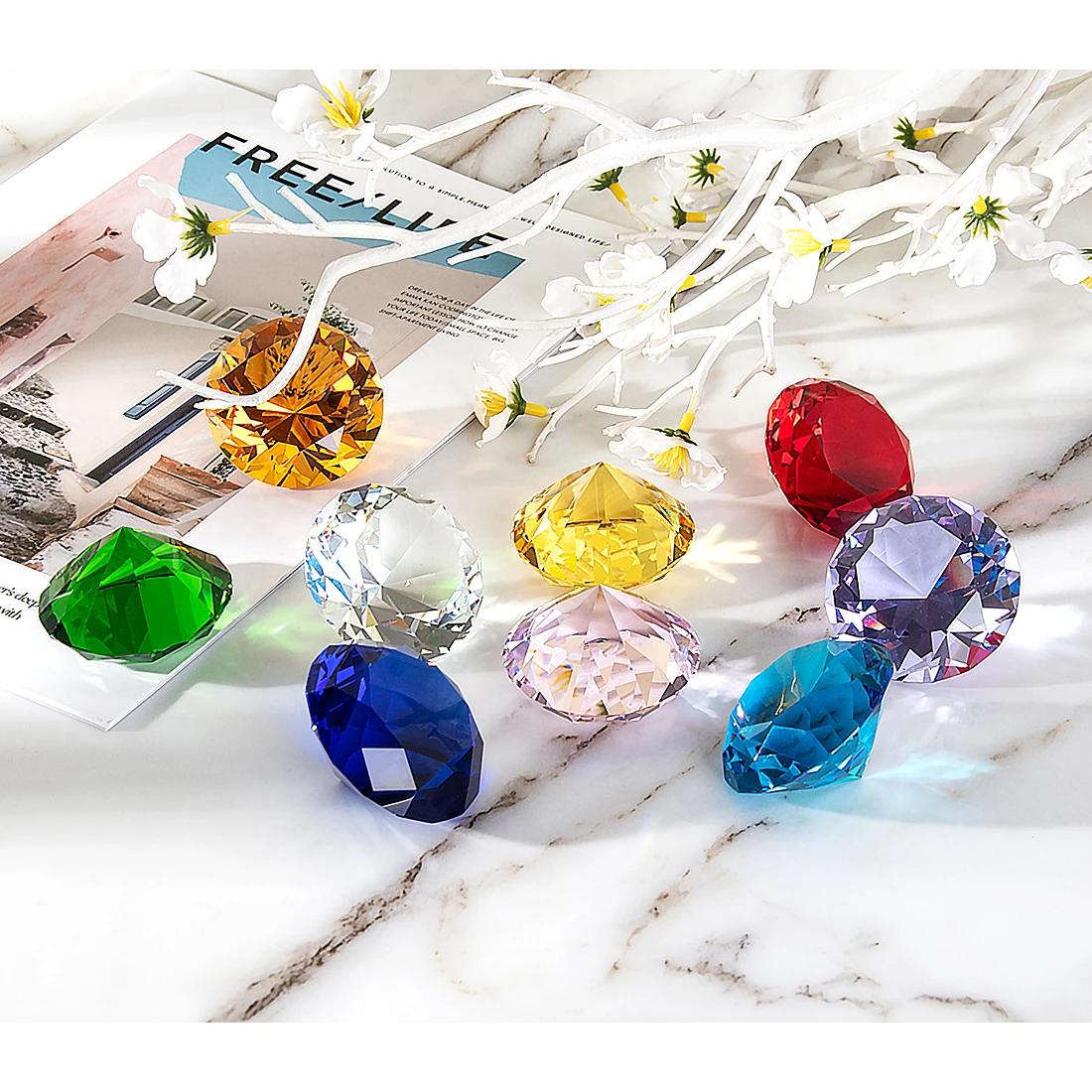 Glass Ornament 50MM(2Inch) Color Crystal Diamond Jewel Paperweight Sparkling Glass Gem Centerpiece Party Home Office Wedding Decor Favors Gift