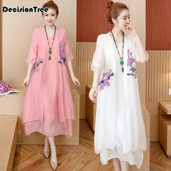 

2020 chinese dress qipao suits cotton linen traditional chinese dress women cheongsam vintage Casual cardigan+dress floral print