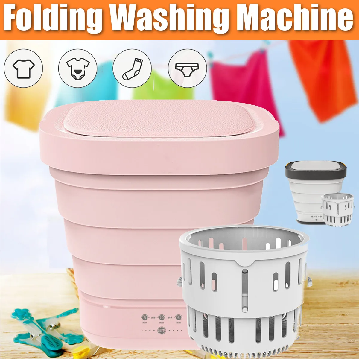 Portable Mini Folding Clothes Washing Machine Bucket Automatic Home