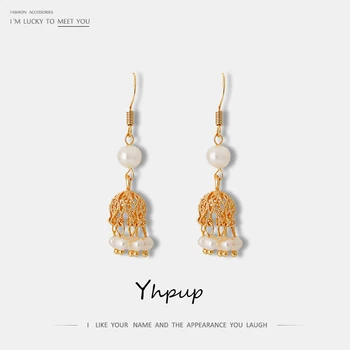 

Yhpup New Trendy Hollow Bell Natural Pearls Dangle Earrings China Gift for Women Party Accessoreis pendientes mujer moda 2019