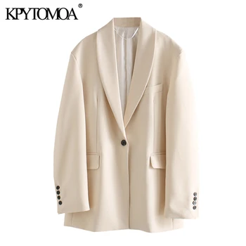 

KPYTOMOA Women 2020 Fashion Single Button Oversized Blazer Coat Vintage Long Sleeve Pockets Loose Female Outerwear Chic Tops