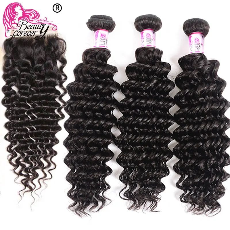 

Beauty Forever Peruvian Deep Wave Human Hair Bundles With Closure Free Part 4*4 100% Remy Hair Weaves Free Shipping