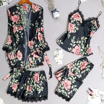 

4Pcs Sleep Lounge Pajama Set Sexy Satin Sleepwear Women Summer Pyjama Femme Fashion Flower Pajamas Sexy Lingerie Nightdress #W