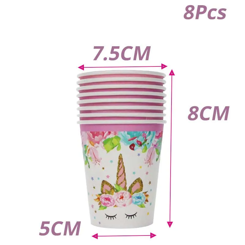 8pcs cup Единорог день рождения Единорог Одноразовые Партии Посуда Наборы бумажные тарелки и стаканы 0-9 рождения Количество шариков детский душ украшения Дети - Цвет: 8pcs cup