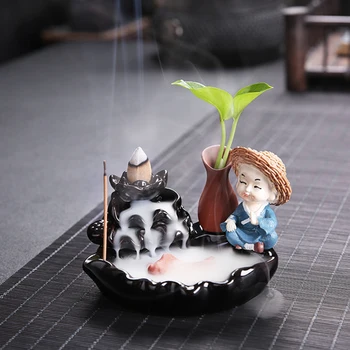 

Creative Small Monk on Lotus Watching Fish Aromatherapy Furnace Ceramic Hydroponics Plant Vase Incense Holder Home Decor