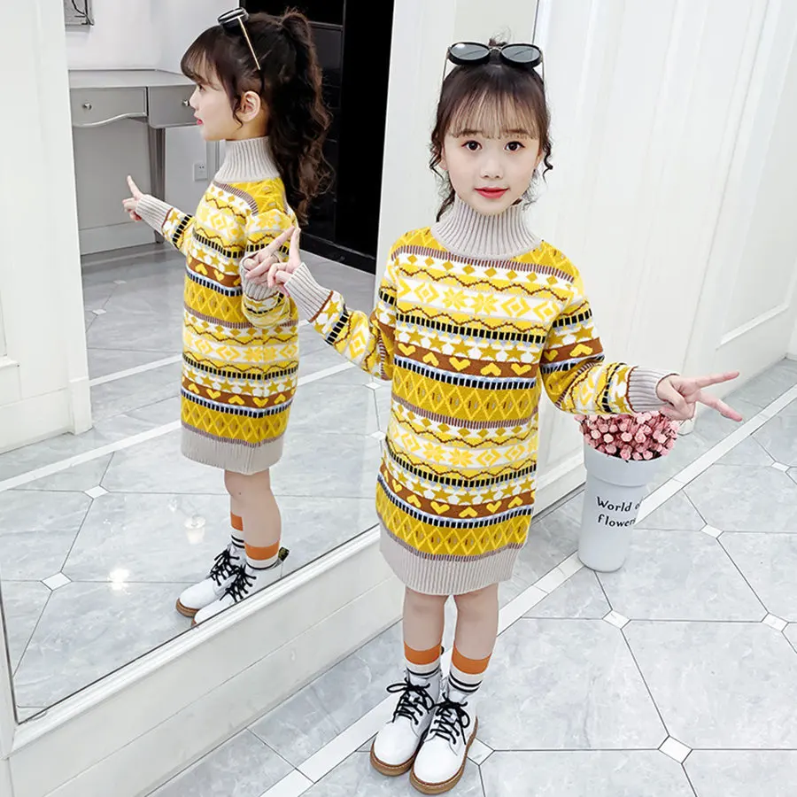 Весна Хай-стрит сидит узор длинный вязаный свитер для девочек; 3-11Years в богемном стиле пуловер хлопковая Футболка с высоким, плотно облегающим шею воротником спагетти свитер с каймой для маленьких детей - Цвет: Цвет: желтый