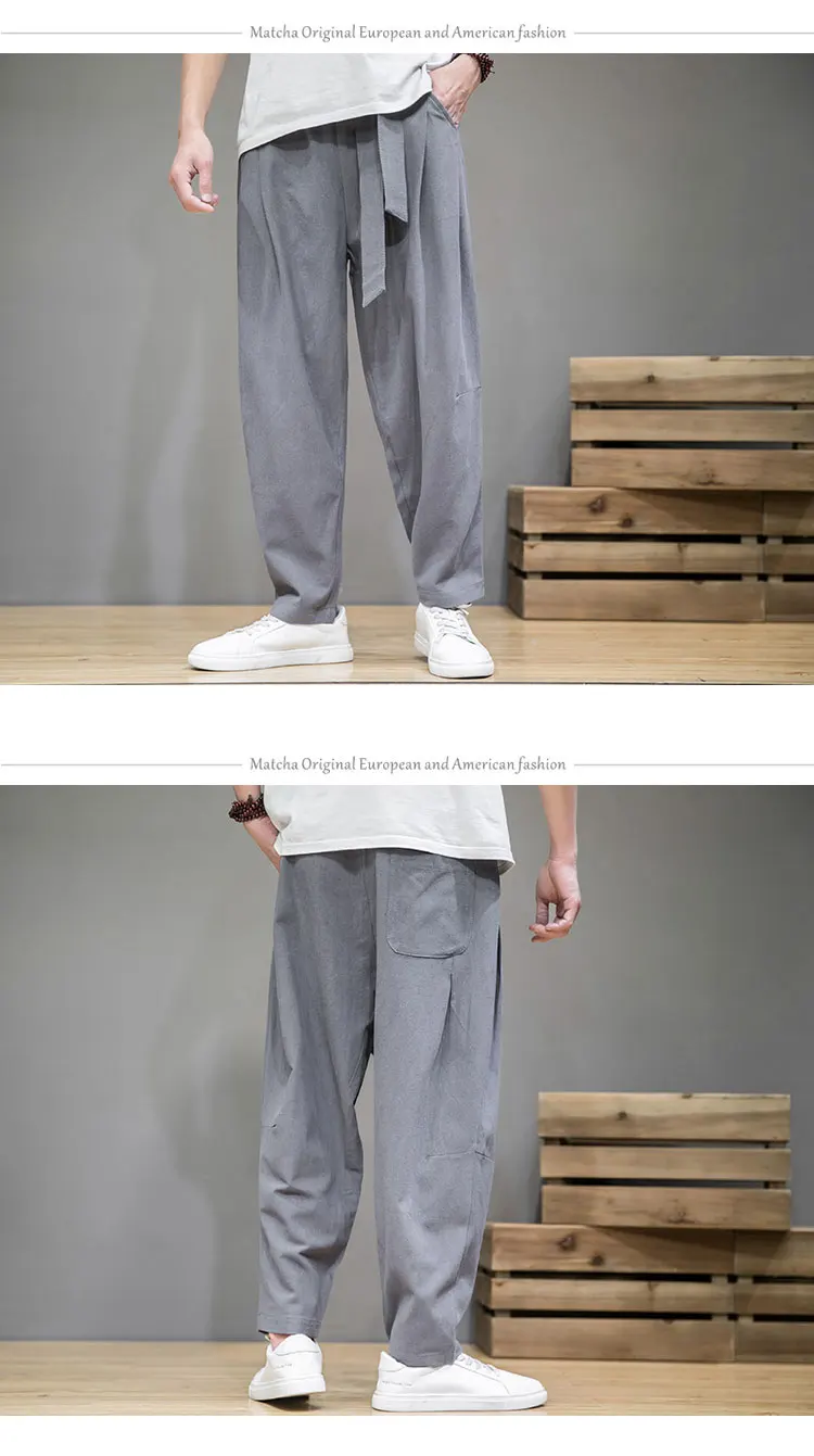 Spring Cotton Linen Pants Men Elastic Waist Casual Harem Pant Loose Sweatpants Traditional Chinese Trousers pantalons homme black harem trousers