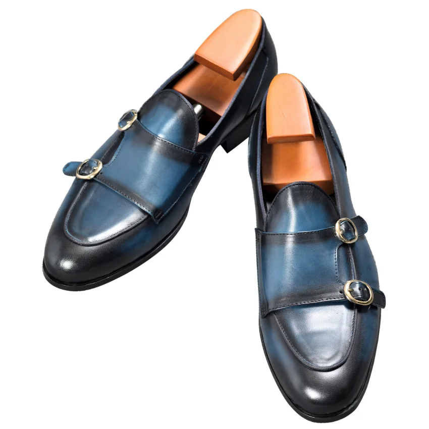 Genuine Leather Mens Casual Shoes Brown Blue Color Office Business Oxford Double Buckle Strap Italy Style Shoe