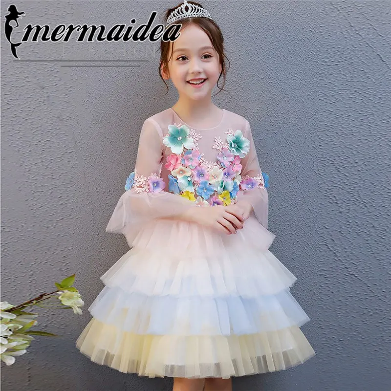 

New Girls Kids Elegant Flowers Princess Wedding Prom Birthday Party Dress Kids Long Sleeves Tutu cake-layers mesh for 3~15 Gift