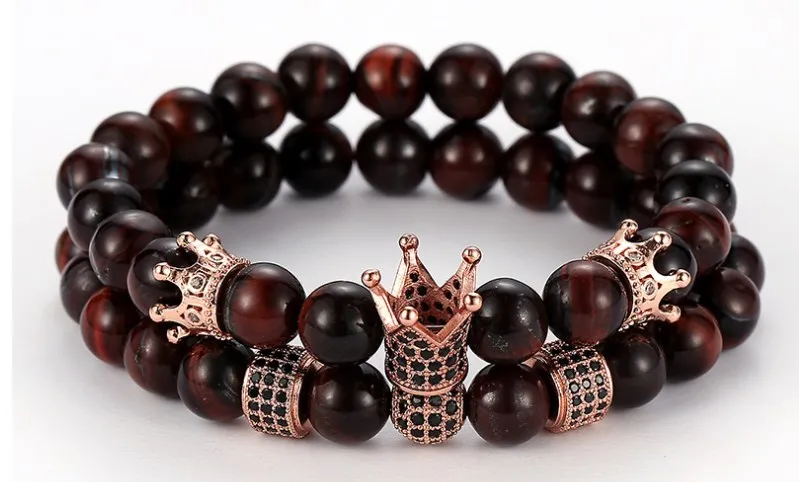 8 мм 2 шт./компл. dfg32 Эластичный регулируемый натуральный красный тигровый шарик микро проложить cz Циркон кубический цирконий Шарм макраме браслет с короной