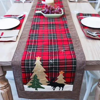 

Red Plaid Christmas Table Runners With Christmas Tree Elk ,Cotton Table Linens For Christmas Table Decorations