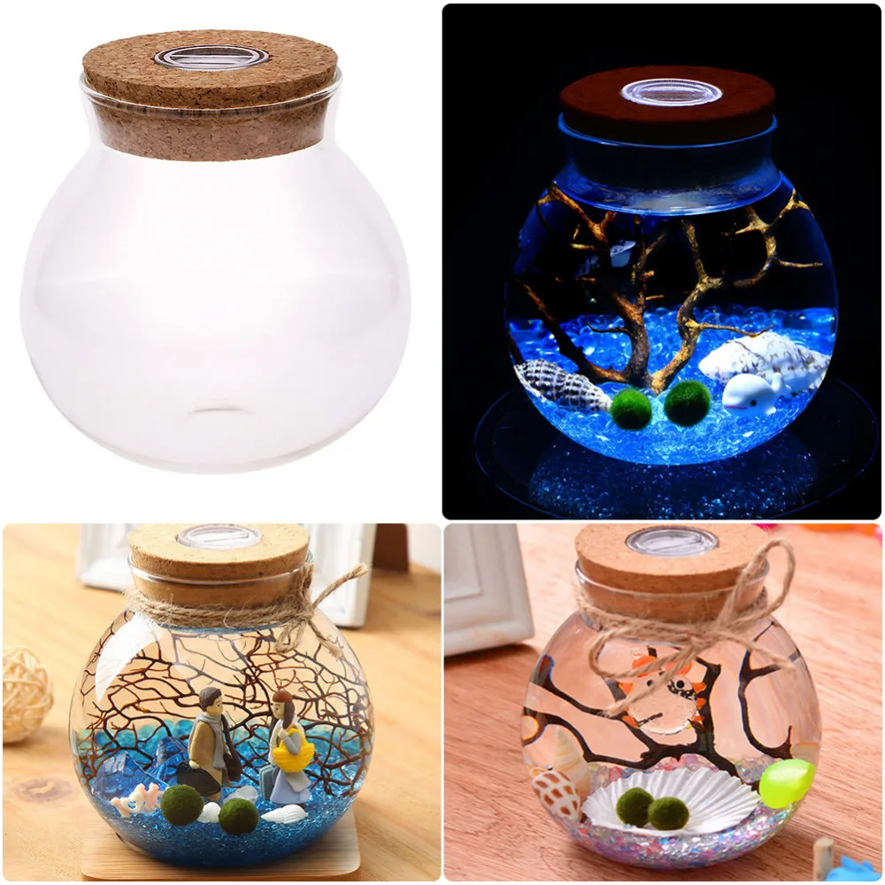 11/12cm Round Glass Jar Globe Terrarium Glass Jar with Colorful LED Light Cork Micro Landscape Ecological Bottle Night Lights moon night light