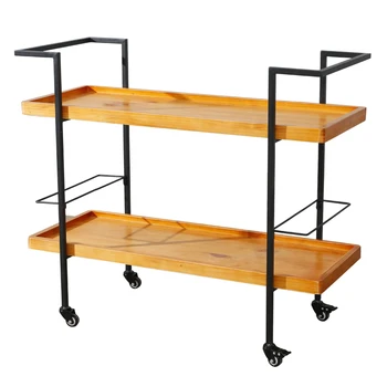 

2 Tier Storage Bar Serving Cart High Quality Wood Board Four Swivel Wheels Floor Type Restaurants Black Metal And Wood Bar Cart