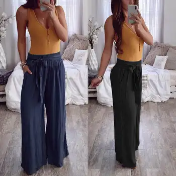 

ZANZEA 2020 Fashion Ladies Casual Elastic Waist Trousers Solid Belted Long Pants Loose Pockets Women Wide Leg Pantalones Mujer