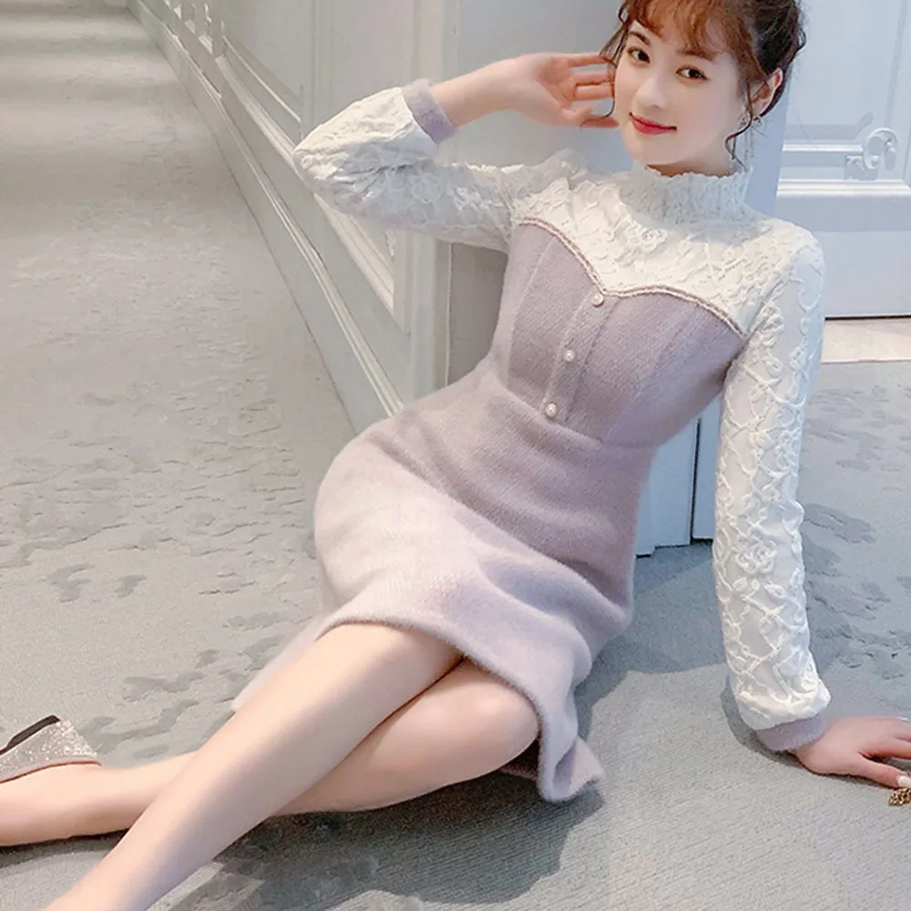chinese dress ladies chouyatou Women's Off The Shoulder Bell Long Sleeve Sweater Mini Dress Lace  Trim Bodycon Ribbed Knit Sweater Dress (X-Small, Beige White) at Amazon  Women's Clothing store
