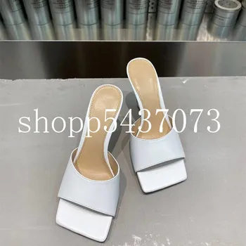 

brand design women Mules leopard sandals leather square sole slides desginer high heel women shoes summer woman sanda