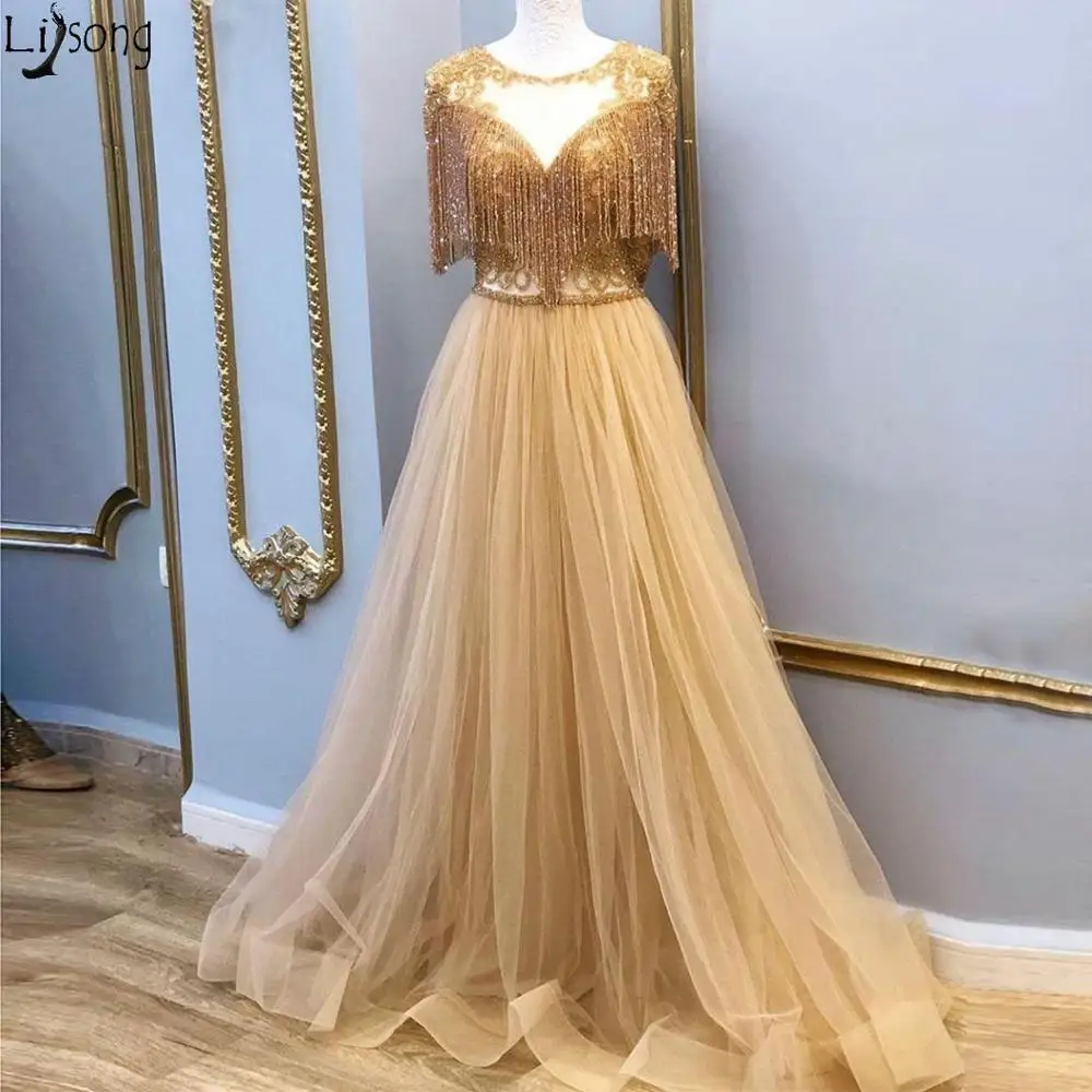 Aso Ebi 2020 арабские золотые Выпускные платья с бисером прозрачное вечернее