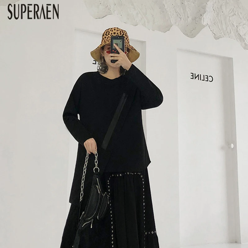SuperAen/Европейская футболка с длинными рукавами для женщин, новинка, весенние и осенние Хлопковые женские футболки на молнии, Необычные повседневные женские топы