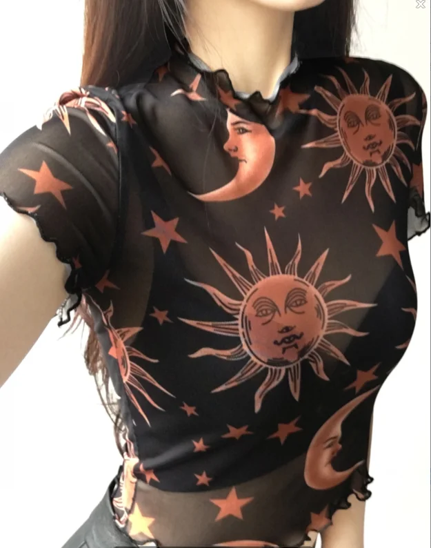 Женская прозрачная Сетчатая футболка с деревянными ушками и принтом солнца, луны и звезд, летняя повседневная футболка с коротким рукавом, черный и белый цвета