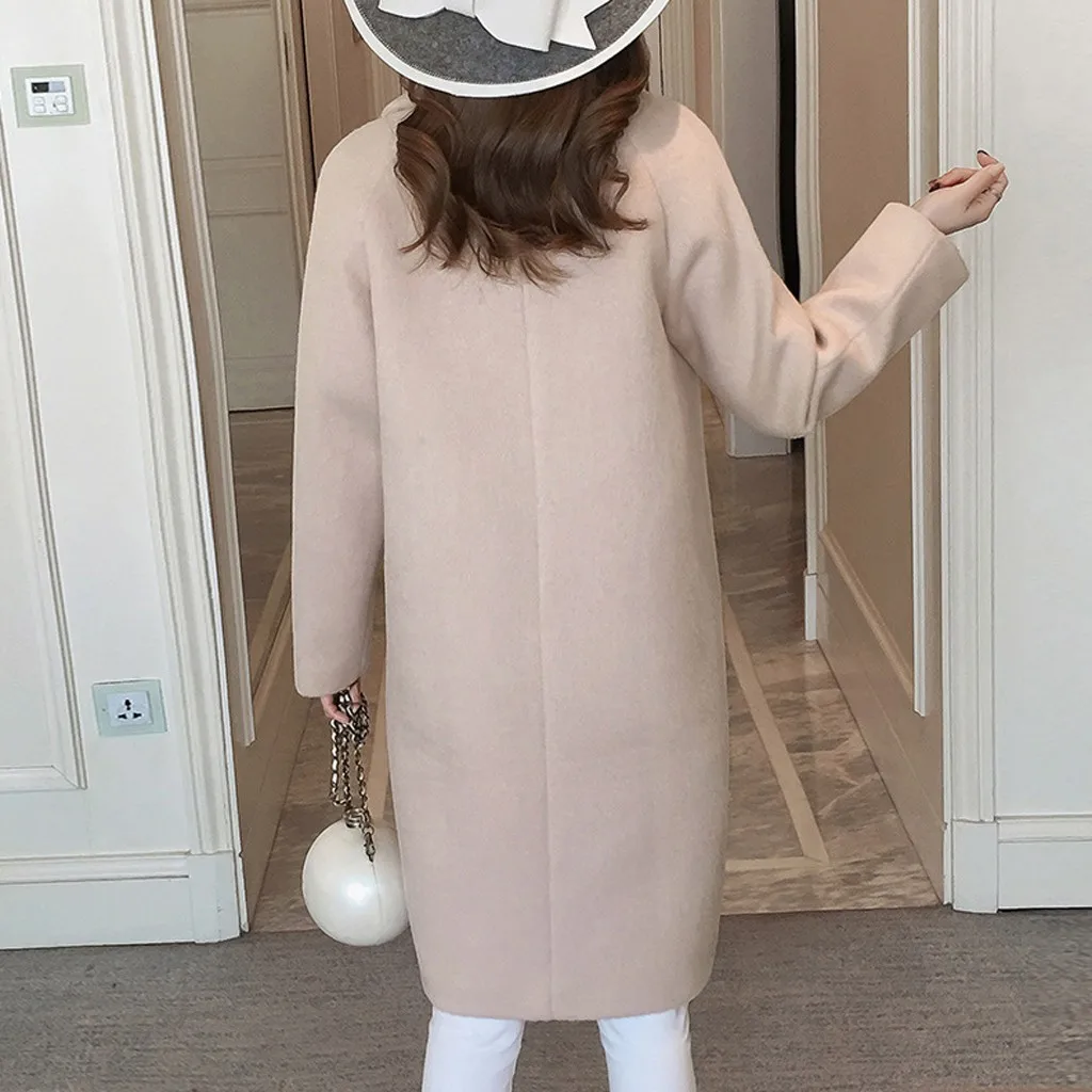 Women Wool Coats Vintage Winter Solid Color Work Office Blends Coats Long Sleeve Button Woolen Jacket Coat Ladies Oversize Coats