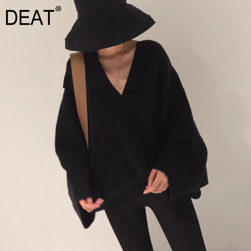 

DEAT Temperament Leisure V Neck Women Loose Wool Knitting Black Sleeveless Pullover 2019 Autumn Winter New Female Clothes TD434