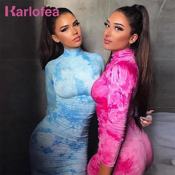 

Karlofea New Tie Dye Print Sexy Bodycon Ruched Dress Women Turtleneck Long Sleeve Maxi Dresses Summer Streetwear Skinny Vestidos