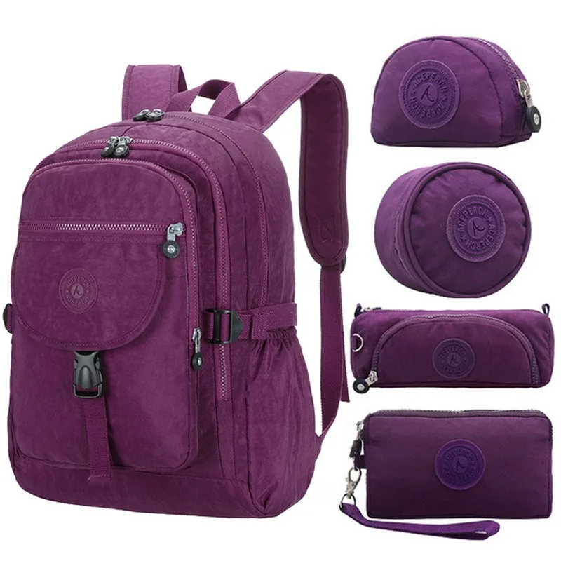 ACEPERCH, повседневная школьная сумка, водонепроницаемый нейлоновый бренд, рюкзаки для ноутбука, для подростка, женский рюкзак, сумки на плечо, сумка для компьютера - Цвет: 5pcs Purple