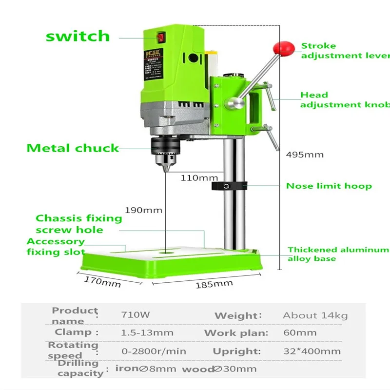220V 710W Mini Bench Drill Electric Bench Drilling Machine Metal Making Drilling Drill Chuck 1-13mm Carpentry Drill Press 4