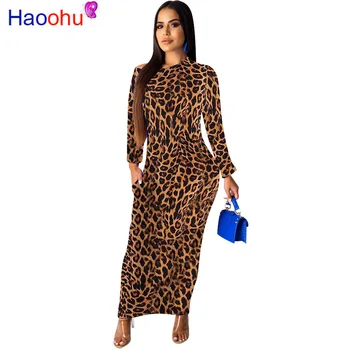 

HAOOHU Rainbow Striped Maxi Dresses Leopard Long Sleeve Dress One Shoulder Women Festival Clothing Vestidos Dress with Pockets