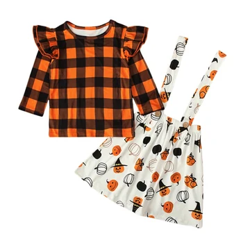 

Children Set Halloween Girls Long Sleeve Plaid Top + Pumpkin Strap Skirt Children's Wear*1