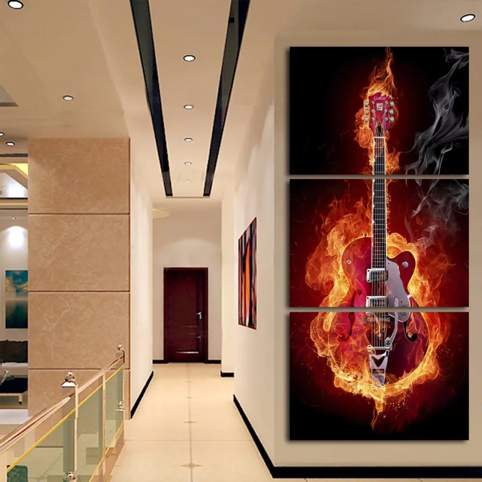 HD Картина на холсте для гостиной настенный Декор 3 шт. гитара Hero Power Fire|Рисование и