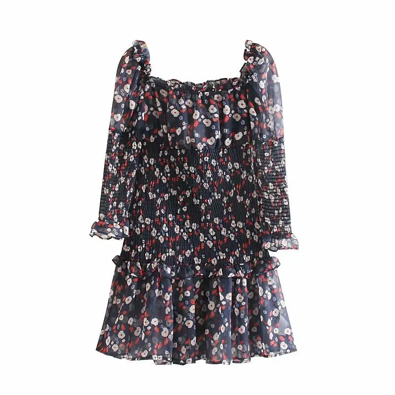 

New Style WOMEN'S Dress French Vintage Printed Frilled Square Collar Puff Sleeve Elastic Elasticity Pleated Slimming Dress