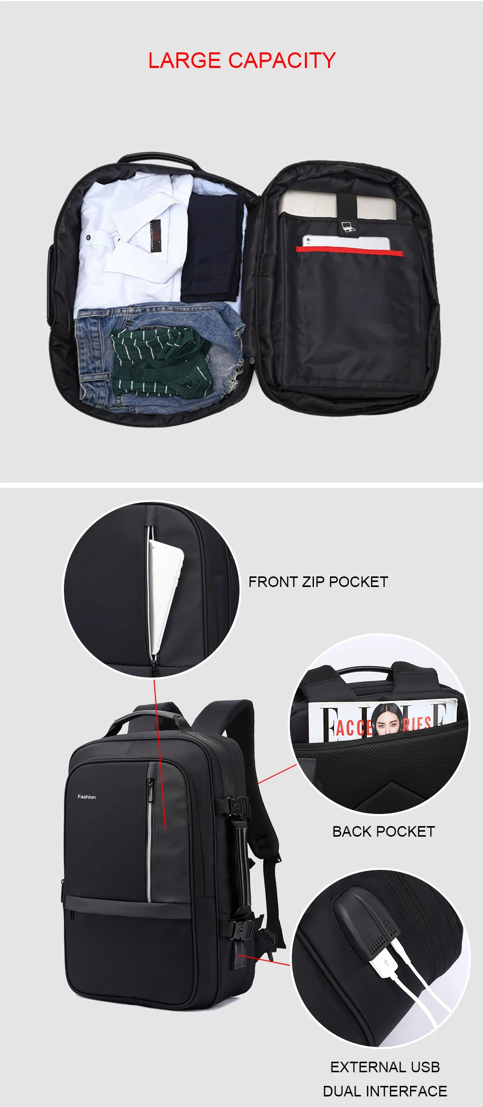 Fashion Laptop Bags Business Men Backpack 15.6 Inch Notebook Travel USB Charging Waterproof Backpacking Male Women Smart Bagpack (7)