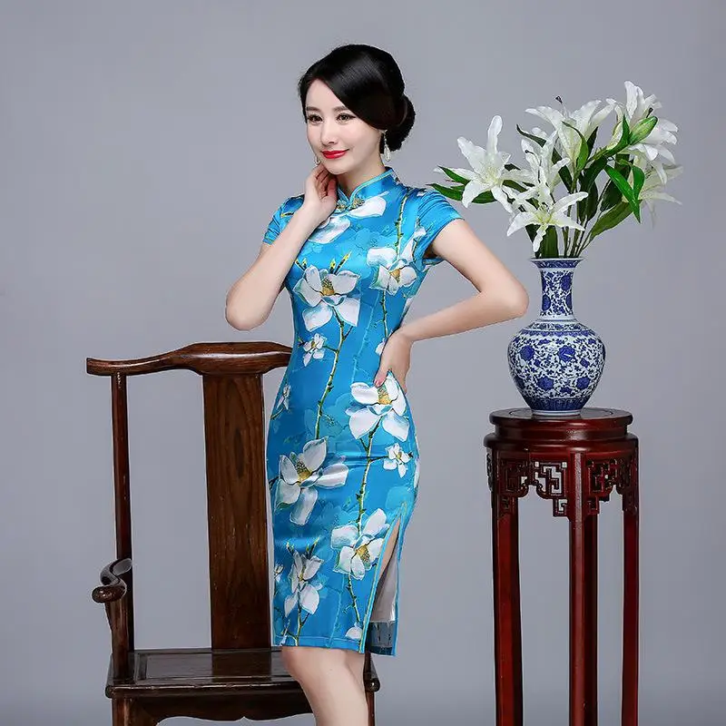 Vintage Slim Real Silk Bride Wedding Dress Sexy Print Flower Chinese Traditional Qipao Cheongsam Oversize 3XL Vestidos - Цвет: Синий