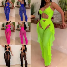 Сексуальные гофрированные женские пляжные брюки в сеточку широкие брюки прозрачные праздничные накидка бикини брюки