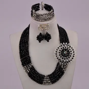 

flash black nigerian wedding crystal beads african necklace set costume jewelry set 5C-SSJ-04