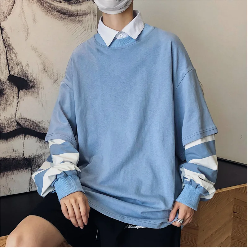 Autumn/winter new slim solid color patchwork long-sleeved sweatshirt loose casual round collar personality youth men's wear